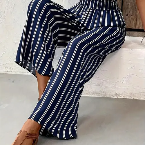 Women's Striped Print Pocket Wide Leg Pants, Casual Chic Comfy Baggy Trousers for Daily Wear, Ladies Bottoms for All Seasons, Fashion Bottoms, Womenswear