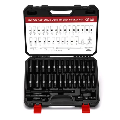 1/2" Drive Impact Deep Socket Set, SAE (3/8 to 1 inch) and Metric (10-24mm) Sizes with 3", 5", 10" Extension Bars, CR-V Steel, Complete Impact Wrench Socket DEALS FOR YOU DAY sohochic
