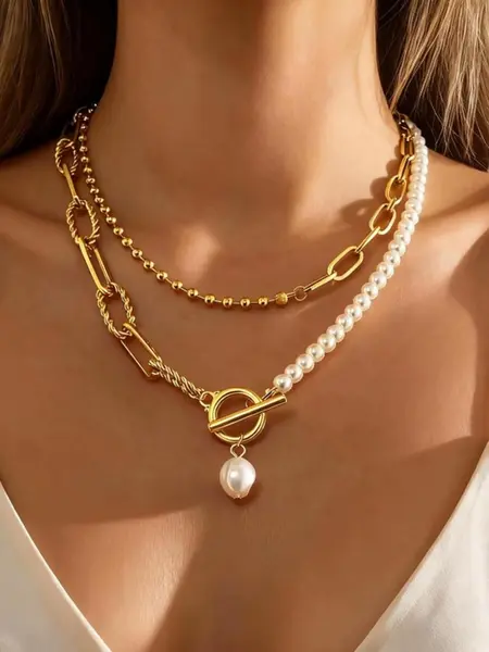 Women's Zinc Alloy Gold Plated Layered Necklace - Half Genuine Pearl, Half Link Design with Toggle Clasp, Chunky Elegant Beaded Costume Jewelry, String of Pearls Accessory, Necklace Gift for Women,summerwins