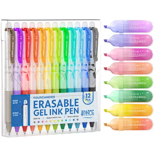 【back to school shopping】FourCandies Erasable Gel Pens,0.7mm Clip Retractable Pens,soft silicone grip with built-in eraser,Ideal for Bible journaling, planner layouts and faith note-taking.Ultra-smooth writing for planner lovers and Bible study enthusiast