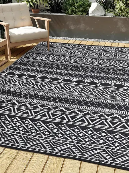 Outdoor Waterproof Rug, 320gsm Bohemian Pattern PP Straw Mat, Reversible Plastic Floor Cover for Patio, Deck, RV, Camping, Picnic