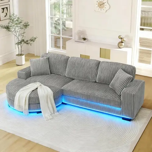【Sub 3 packages】Niccae Modern Floor Sofa with 2 Pillows, Convertible Teddy Fabric Foam Filled Sleeper Sofa, Corduroy Tufted Upholstered Lounger, L-Shaped Modular Sectional with Ottoman, Left & Right Placement, Home Office Living Room Bedroom Apartment