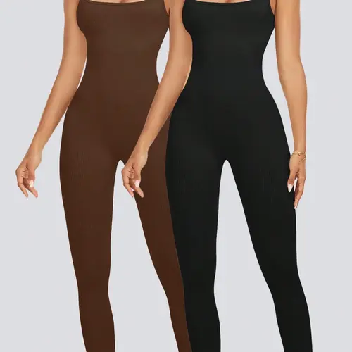 1/2/3 Pcs Womens Workout Rompers Jumpsuits Seamless Ribbed Yoga Gym One Piece Sleeveless Square Neck Tank Top Leggings Unitard Sporty Yoga Jumpsuit