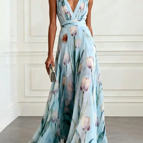 Floral Print Summer V-Neck Sleeveless A-Line Dress, Fashion Elegance Waist Cinching Flared Long Dress for Beach, Vacations, Parties and Art Exhibitions