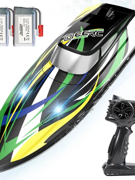 DEERC Fast RC Boat with LED Lights, 30+KM/H, High Speed Remote Control Racing Boat, Self-Righting, 2 Batteries, 24+ Mins, 2.4GHz Pool & Lake Toys