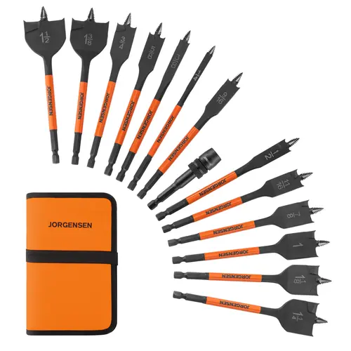 #BacktoSchool Jorgensen 14-Pack Spade Drill Bit Set with Quick-Load Connector, High-Performance Carbon Steel Paddle Bits for Woodworking, Self-Feeding Threaded Tip, Assorted Bits 1/4" to 1-1/2" with Storage Pouch