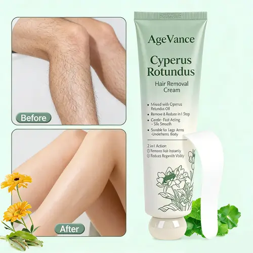 AgeVance Cyperus Oil Hair Removal Cream for Women & Men, Gentle Depilatory Cream for Legs, Arms, Underarms & Bikini Area, Natural Extracts, Vegan Friendly, Smooth Skin Care, Easy to Use, Removal for Women's Legs, Arms, not for scalp hair