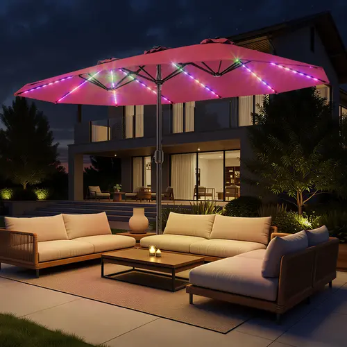 RGB Solar LED Double-Sided Patio Umbrella - 15ft Outdoor Shade Canopy, 135ft² Adjustable Heavy Duty Canopy, UPF50+ 99.9% UV Protection UV Parasol, 220gsm Fabric, Durable Steel Frame, Easy Crank, Included Base Solar Parasol, Uv Parasols, Adjustable Canopy,
