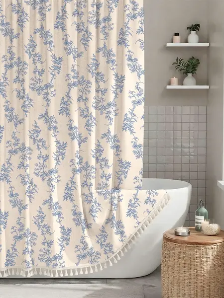 Dakimoe Blue Floral Plant Shower Curtain Set with Tassels & Hooks - Heavy-Duty Faux Cotton Linen, Plastic Washable, Cottagecore Boho Vintage Rustic Home Bathroom Accessory for Whimsical Home Decor