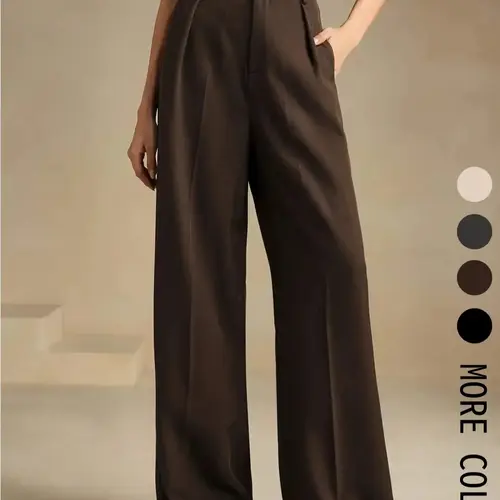 Women's Solid Color High Waist Wide Leg Pants, All Seasons Trousers, Classic Solid Pants, Inner Pleated Design, Loose Fit Business Casual Trousers, Comfortable Office Wear, Casual Fashion Trousers, Casual Comfy Baggy