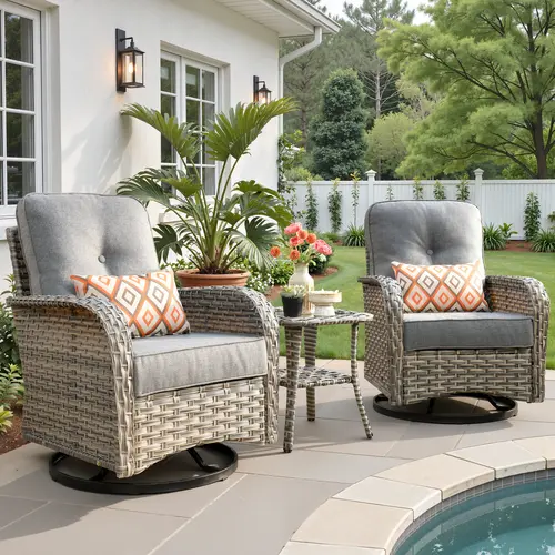 Weaxty 3-Piece Sturdy Ergonomic Stable Outdoor Swivel Rocker Wicker Patio Furniture Set, Hand-Woven Wicker, 360° Swivel, 350lb Capacity, High Back Support, Extra Thick Cushions, Side Table, All Weather for Porch Deck