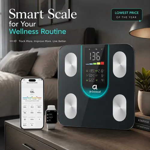 Arboleaf Bathroom Smart Scales with 4-Electrode BIA for Accurate Weight & Fat Measurement 7-in-1 Display BMI Body Fat Muscle Mass 14 Metrics App Trend Tracking Max 400lb Healthcare
