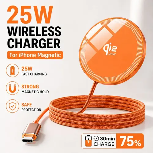 25W Magnetic Wireless Charging Pad Qi2.2 Qi2 MagSafe Fast Charger for iPhone Air 17e 17 16 15 14 13 12 Pro Max Samsung Galaxy S26 S25 Google Pixel 10 AirPods Desk Travel Ideal Gift Auto Retractable Cable Cellphone