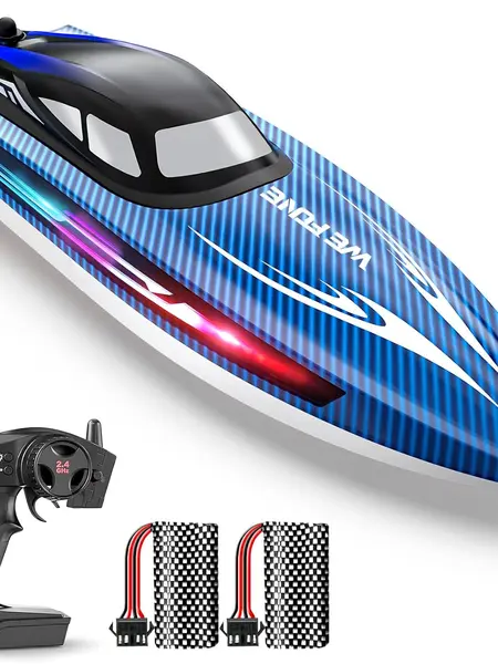 Fast RC Boat 25+ KMH Remote Control Speed Boat for Pools and Lakes, RC Boat with 7 LED Light Modes, 2 Batteries, 30-40 Mins Runtime, Summer Outdoor Toy