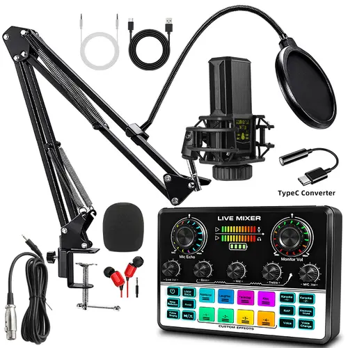 Safring V8S Pro+240 Podcast Equipment Bundle - Live Mixer, Sound Mixer, BM800 USB Rechargeable Condenser Microphone with Rechargeable Battery, Voice Changer, Recording Device, Sound Card, Desk Clamp for Podcasting, Live Streaming, Twitch