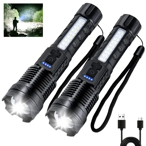 2-Pack Rechargeable High-Lumens LED Tactical Flashlights, USB-C Fastcharging Telescopic Adjustable Lights with 7 Modes, COB Side Light Instant, IPX6 Waterproof, Portable for Camping Repair Emergency Use (for Camping Users), Led Lights, Outdoor Gadgets