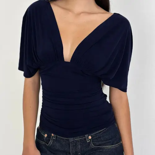 Deep V Batwing Sleeve Ruched Short Top, Front Back Dual V Neck, Loose Batwing Sleeves, Waist Cinching, Slimming, Casual Commute Date Wear, Chic Elegant Basic Minimalist Womenswear, Shirts, Stretchy Shirt