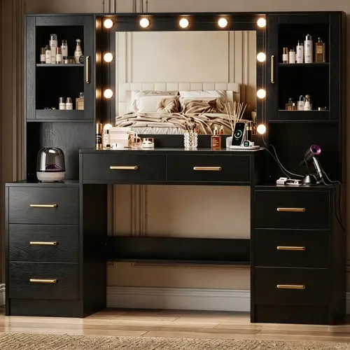 58.3" Vanity Desk with Mirror, Replaceable Lights & Charging Station, Bedroom Dressing Table, Large Vanity Set, 8 Drawers and 2 Cabinets, Makeup Vanity Table with Charging Station, Without Stool, White/Black/Pink