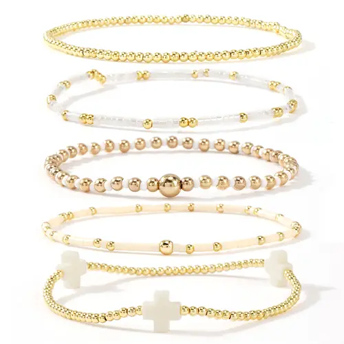 SHINUS BOHO Bracelet Stack for Women, 5-Piece Bohemian Layered Set with Colorful African Vinyl Beads and Gold-Plated Cross Charm, Stretch Beach Jewelry, Jewelry For Women, Teenage Girls Gifts, Beach Wear, Wrist Stack, Fashion