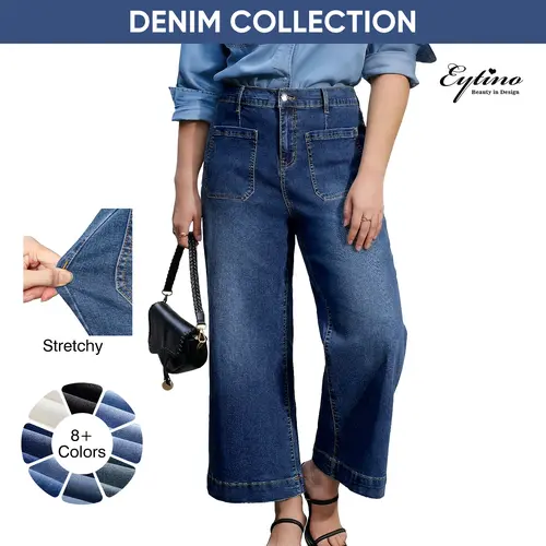 Eytino Plus Size Jeans for Curvy Women High Waisted Wide Leg Stretchy Straight Leg Ankle Denim Pants with Pockets(Size 14-32)