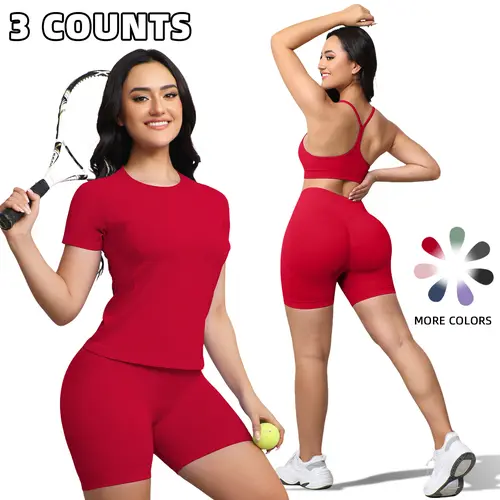 Women's 3-Piece Plain Activewear Set - Sports Bra, Cropped Cami, Short Sleeve, High Waist Running Shorts, Slim Fit Workout Sets with 3-pieces Ease for Casual Gym Use