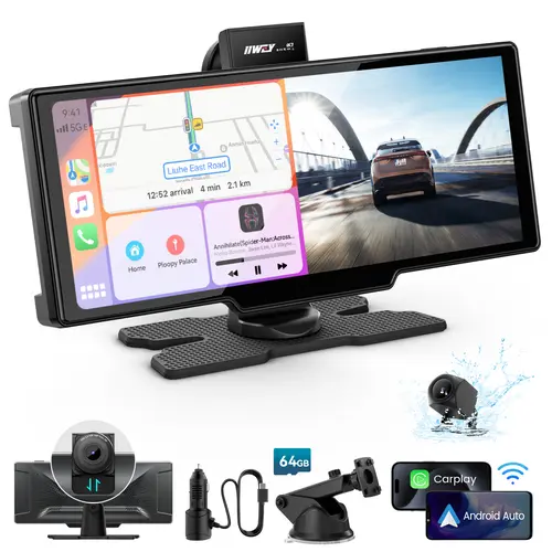 【Tool Upgrade】IIWEY iK7 10in Portable Car Stereo - 4K Dashcam (170° Wide View), 1080P Backup Camera Help, Wireless CarPlay Screen, Android Auto, Free 64GB Storage, GPS Navigation, Voice Control, Music Playback, Driving Safety, #toolupgrade