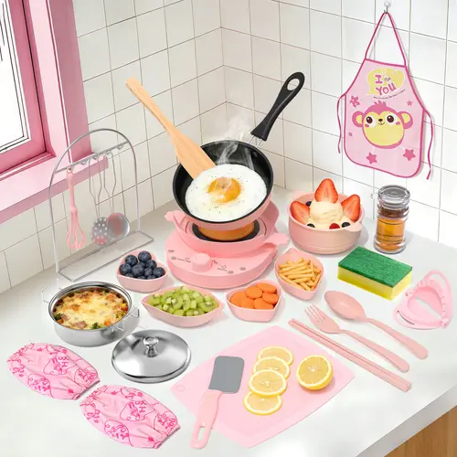 Gotoofun Unisex 28PCS Pretend Playset - Safe 110V Mini Stove, Steamer, Apron, Pans Kit, Montessori Educational Kids Toys, Cool Gifts for Kids 6-12 (Soho Chic Back to School)