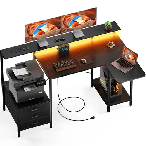 HLDIRECT 55-Inch Gaming Desk - Desks for Gaming with Built-in Power Outlet, 3 Fabric Drawers, LED Lights, Storage Shelves, Monitor Stand, Foldable Tabletop (White Leather Office Style)