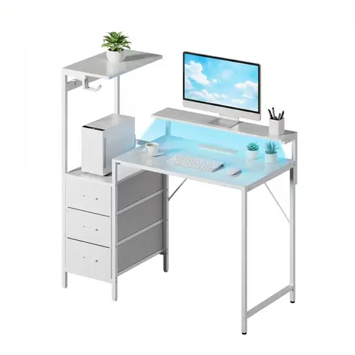 Modern White Minimalist Office Computer Desk with Drawers, Shelves, LED Light Strip, Leather-Bamboo Accents - Home Office Work From Home Furniture, Bedroom Furniture for Gaming Setup, Particle Board Desk