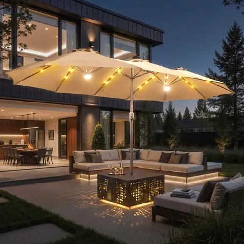 【Back To School】OVIOS 15FT Double-Sided Patio Umbrella with Dual Center Lights & 36 LED Solar Lights, Large Rectangular Outdoor Market Umbrella with Optional Coffee Table & Base Included for Patio, Pool & Backyard