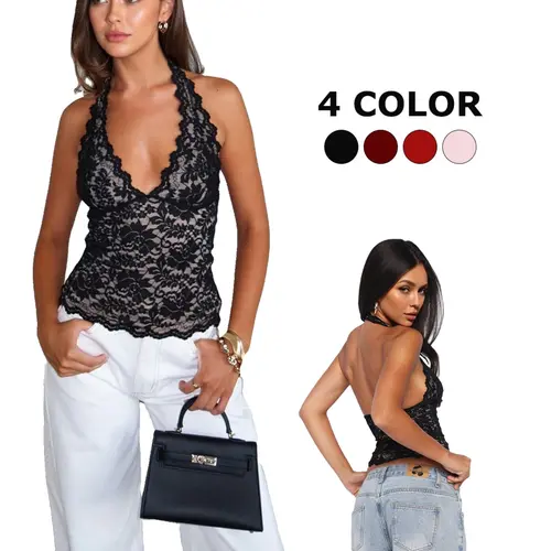 Deep V Lace Short Top, Halter Neck Ruffle Design, Transparent Floral Lace, Side Gathered Waist, Backless Cutout, Sexy Daily, Elegant, Lace Camisole Top
