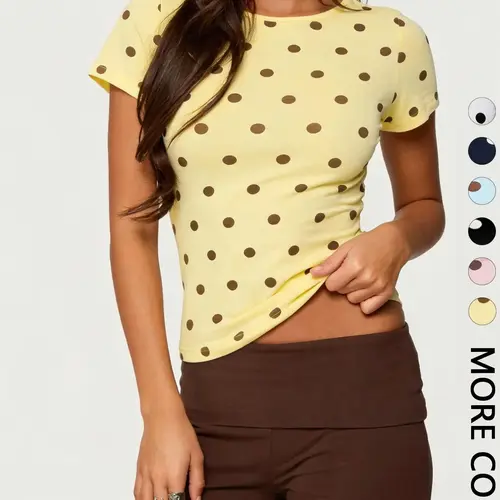 1pc Spring Summer Polka Dot Women's Baby Tee, Casual Trendy Tee, Casual Tee Tops, Round Neck Slim Fit Cropped Short Sleeve Top Womenswear, Y2K 90s Retro Preppy Casual Style for Daily, Vacation & Date Wear