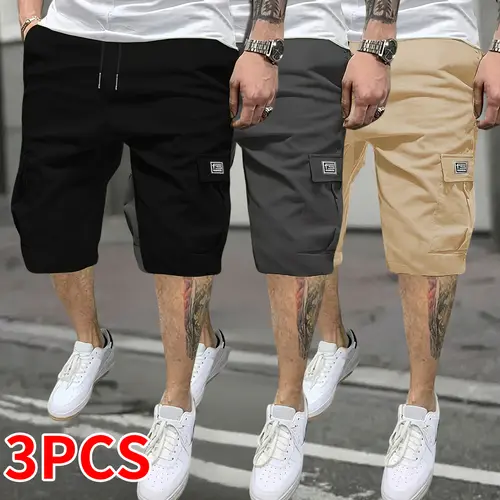 Men's 3PCS Baggy Woven Cargo Shorts, Loose-Fit Wide-Body Multipocket Mid-Waist Drawstring Bottoms, Black+Gray+Khaki for Spring & Summer Casual Everyday Wear
