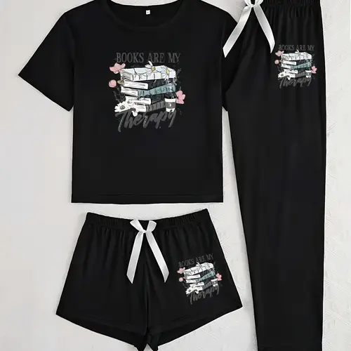Women's Book-Print Three-Piece Sleepwear Set, Casual Fitted Pajama Suit with Shorts, Cute All-Season Loungewear Nightwear Pjs, Nightwear Outfit