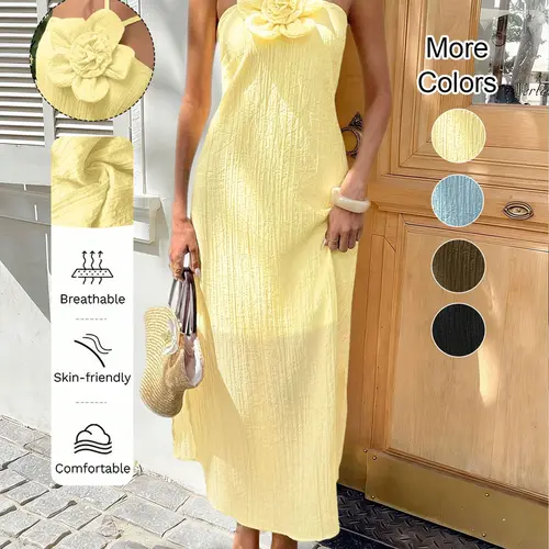 Women's 3D Floral Halter Backless Maxi Dress, Womenswear, Butter Summer Vacation Beachwear, Casual Wear, Hawaiian Bohemian Boho Chic Style Sleeveless Long Dress, Boho Style Woven