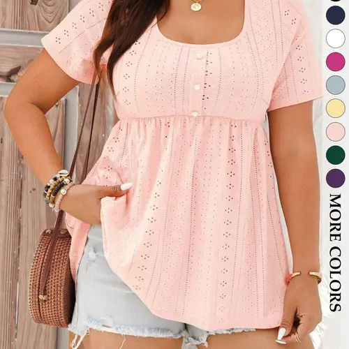 Women's Plus Size Babydoll Eyelet Peplum Top, Shirts, Short Sleeve Scoop Neck Pearl Button Casual Chic Bohemian Blouse, Flowy Tummy Control Fit Boho Summer Style
