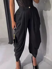 Women's Casual High Waist Wide Leg Pants, Plain Long Elastic Waist Pockets, All-Season Fitted Design, Comfortable Daily Wear