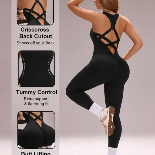 Women's Seamless Criss Cross Backless Sports Jumpsuit, Four-Way Stretch & Abdominal Shaping, All-Season Wear, Sleeveless Jumpsuits for Yoga and Fitness, Stretchy Sports Jumpsuit, Workout Jumpsuit