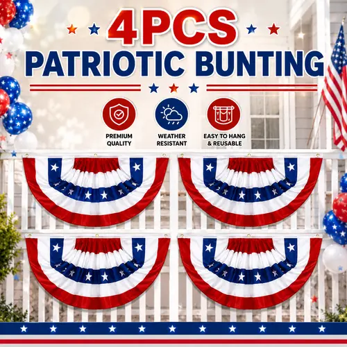 4th of July Patriotic Hanging Bunting Banners - 4pcs Bold 1.5x3 FT Fade-Resistant US Flag Pleated Fan Flags, Outdoor Decor, Party Decoration for Patriot Days Porch Fence Independence Day Home Supply