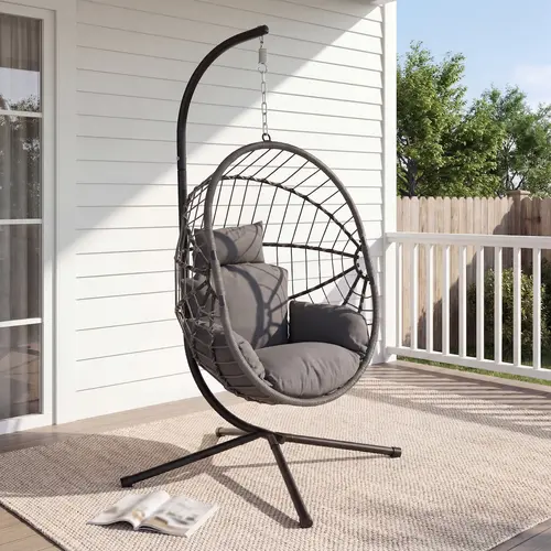 Summergarden Modern Round Egg Wicker Hammock Chair Swing - Single Seat, 1-Person Max, Steel Frame Stand, UV-Resistant Cushion, Ergonomic Adjustable Relaxation Hanging Swing Seat for Indoor, Patio, Yard Use