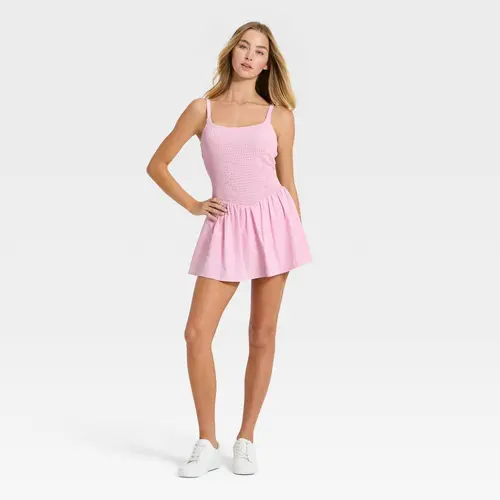 Women's JoyLab Drop Waist Smocked Pullover Activewear Dress - Adjustable Straps, Nylon Basket Weave, Workout Exercise Athletic Dress