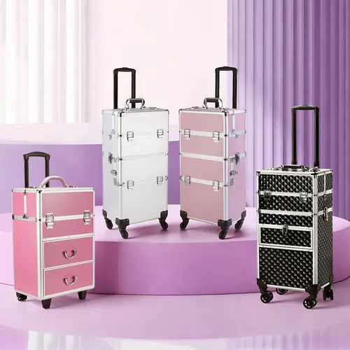 Ubesgoo 4-in-1 Aluminum Professional Makeup Trolley Box - Makeup Bag Organizer, Cosmetics Organizer, Travel Case with Handle, 4 x Casters for Beauty Tools, Tattoo Supplies
