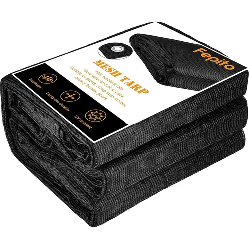 FEPITO Sturdy HDPE Black Mesh Tarp (10ftx20ft) - Sun Shelter, Outdoor Shade Solutions, Garden Cover, 70% Shade, UV Protection, Tear-Resistant, Breathable, Ventilated, Cooler Patio/Back Porch, Assembly Required, 10X20 Ft
