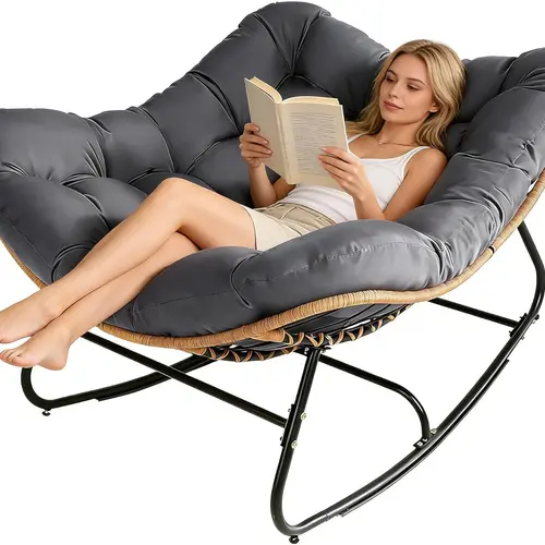 INTERGREAT Oversized Wicker Rocking Chair Indoor Outdoor, 450 LBS Heavy Duty Patio Papasan Egg Chair with Cushion, E-Coated Frame Lounge Rocker for Balcony Porch Garden Living Room (Grey/Beige)#Summervibes