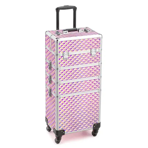 【Top Case Stored at the Bottom】OmySalon 4-in-1 Aluminum Rolling Makeup Train Case, Lockable Travel Cosmetic Trolley for Professionals with 4 Removable Wheels, Travel Cosmetic Bag, Makeup Storage Bag,back to school shopping, Locks,