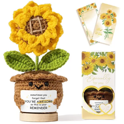 Crochet Positive Sunflower Mini Size Statue - Home Decor Emotional Support Item with Gift Box, Mom Present for Positive Vibes & Emotional Boost, Inspirational "Sometimes You Forget You're Awesome" Thank You Token