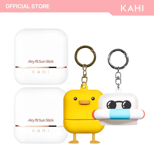 KAHI Airy Fit Sun Stick (2EA) + Duck & Tube Keyring - Official 0.49oz Korean Skincare SPF 50+ Triple Functional Broad Spectrum Stick Facial Sunscreen & Sun Care, Pocket Size, All Skin Types, Waterproof, Sweatproof, Sandproof, Ultra-Lightweight, Non-Greasy