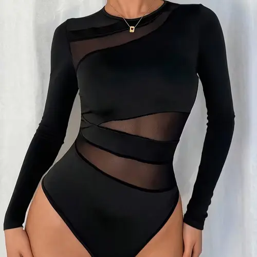 Women's Long-Sleeve Black Mesh Bodysuit - Sexy Sheer Longsleeves Top, Fashionable Bodysuits for Going Out, Bodysuit For Women, Women's Clothes, Stylish Women's Wear