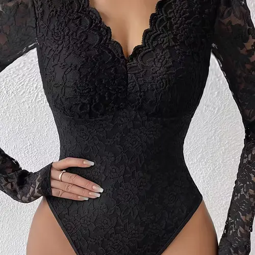 Women's see-through long-sleeved floral lace one-piece top with V-neck and backless design for casual outinSexy Floral Lace Bodysuit Women Long Sleeve V-Neck Backless Going Out Body,back to school,back to school shopping