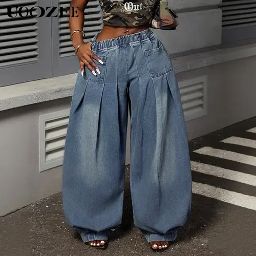 UOOZEE Women's Spring Autumn Boyfriend Style Retro Jeans Solid Color Oversized Loose Pleated Pockets Elasticity High Waist Lady Jean Pants Bottoms(Fits Larger at Waist - Check Size Guide or OrderOne Size Down) Casual stacked jeans baggy jeans, Plus Size F